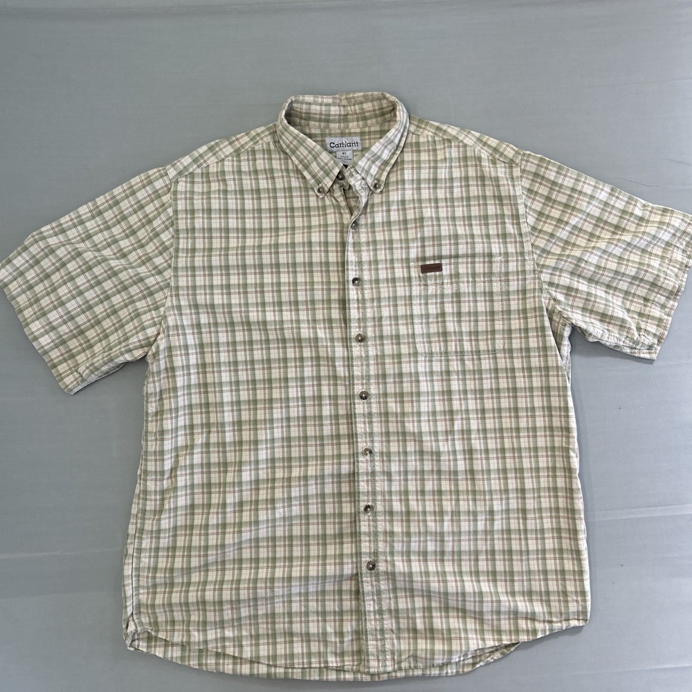 Carhartt Mens XL Tall Plaid Short Sleeve Button Shirt Green Brown Workwear